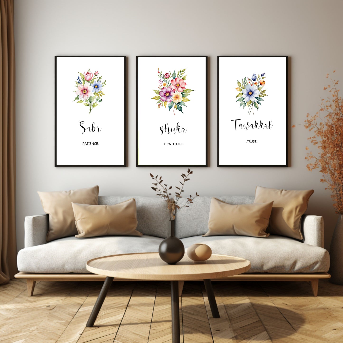 3 piece Sabr Shukr Tawakkal Islamic Floral Wall Art,