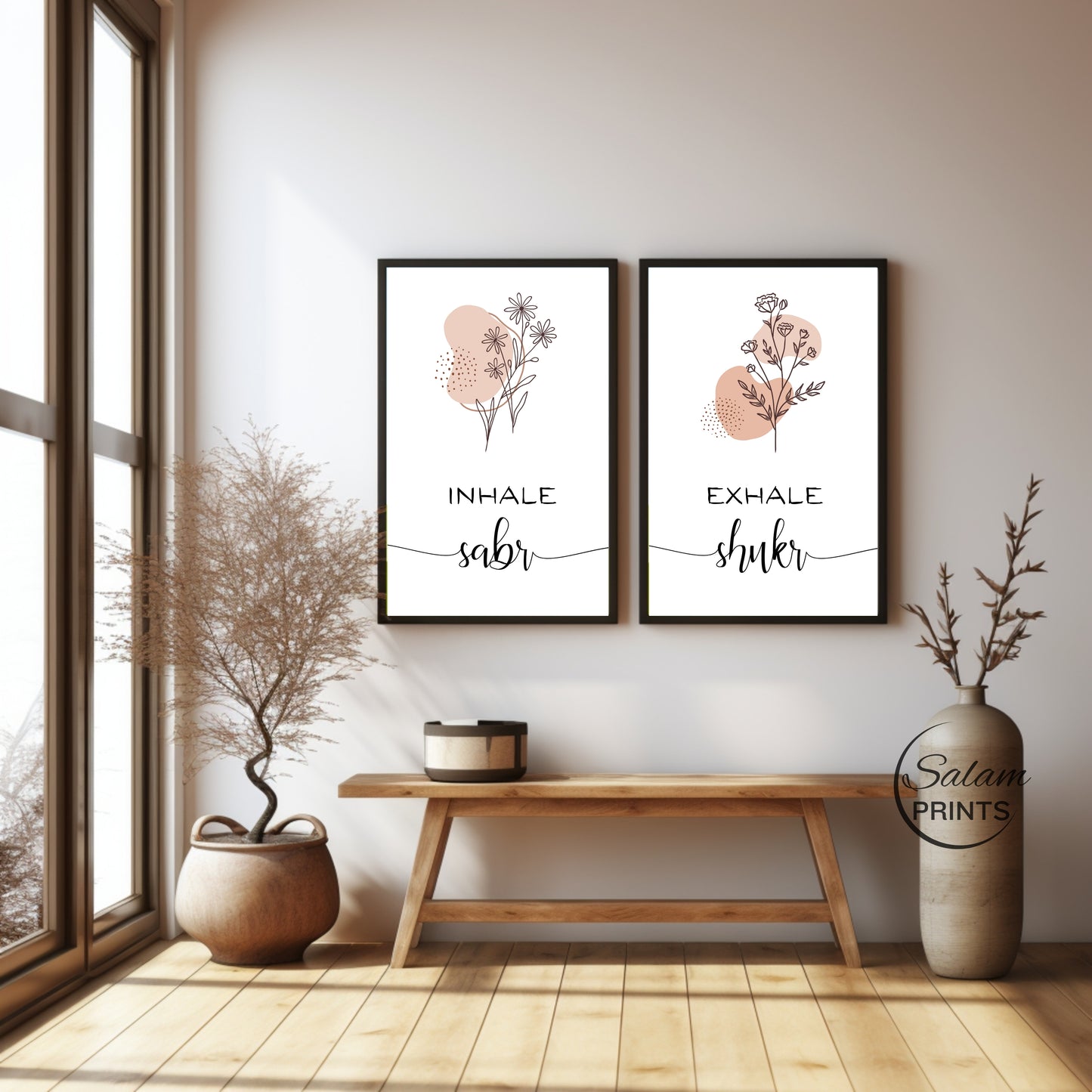 Inhale Sabr Exhale Shukr Boho Art, Printable 2 piece Islamic Wall Art