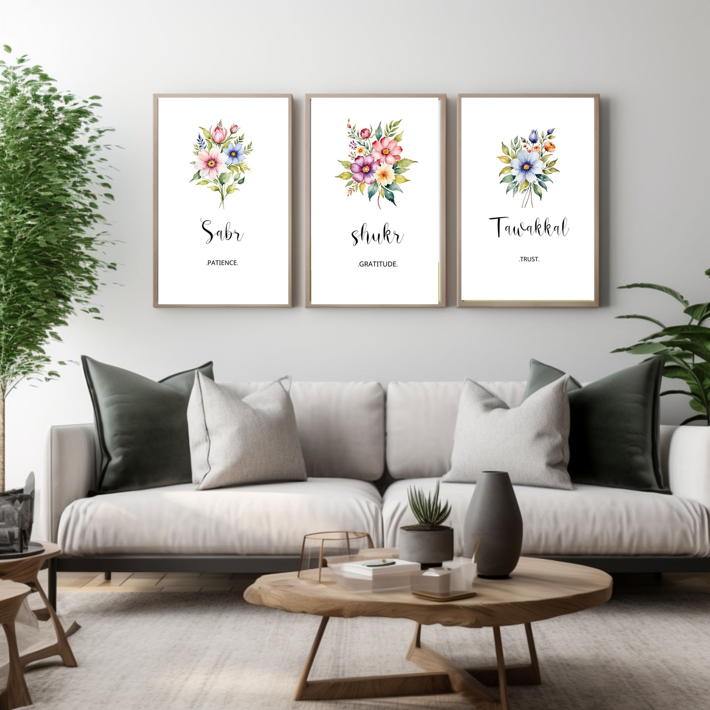 3 piece Sabr Shukr Tawakkal Islamic Floral Wall Art,