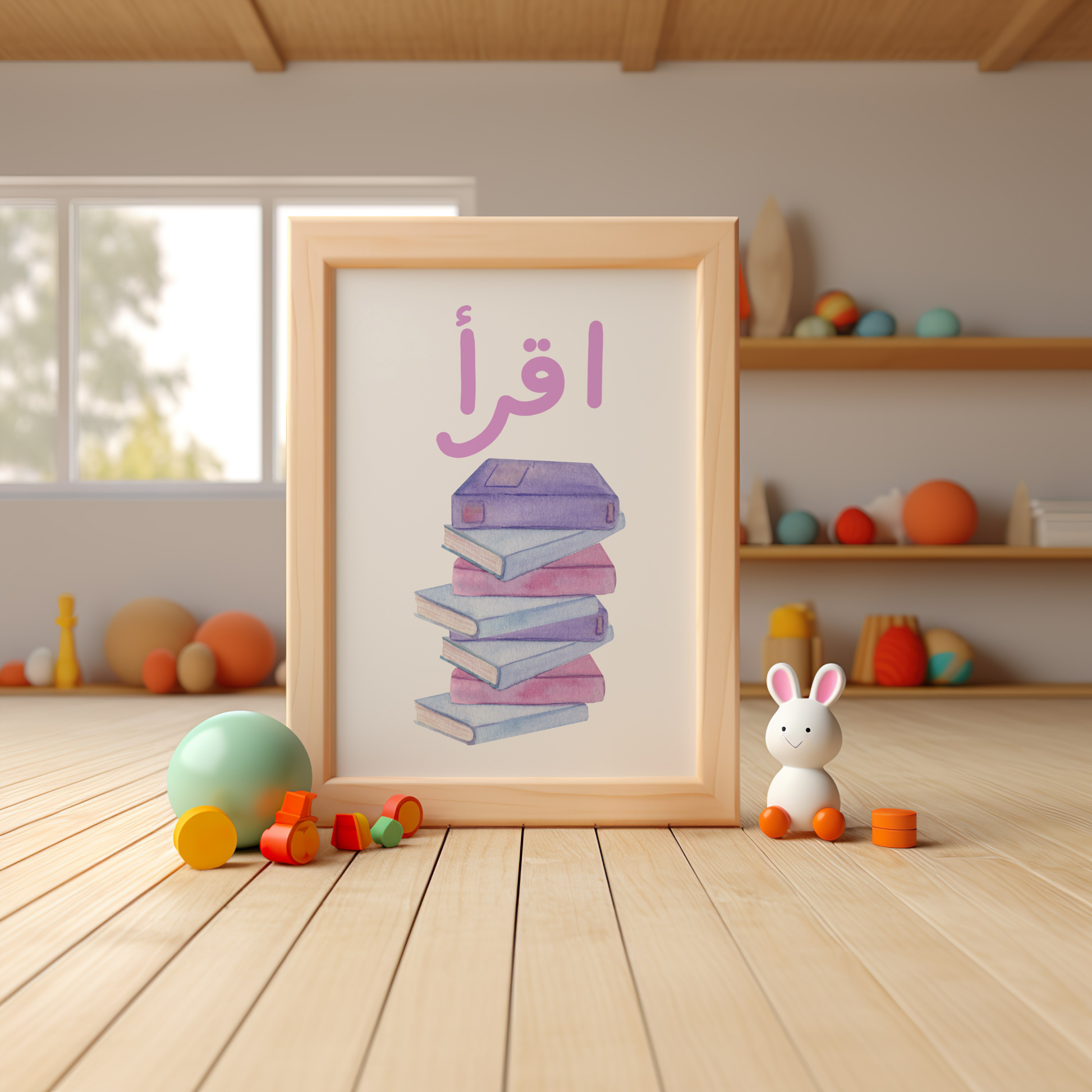 Kids Islamic nursery wall art featuring the word Iqra written in Arabic calligraphy with pink, purple and lavendar. A beautiful and educational print poster, perfect for inspiring kids to love reading books and study ideal for child's room or nursery decor.
