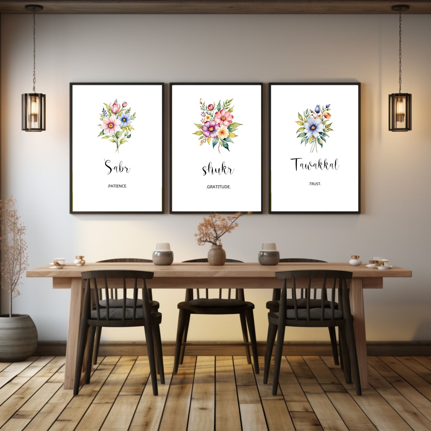 3 piece Sabr Shukr Tawakkal Islamic Floral Wall Art,