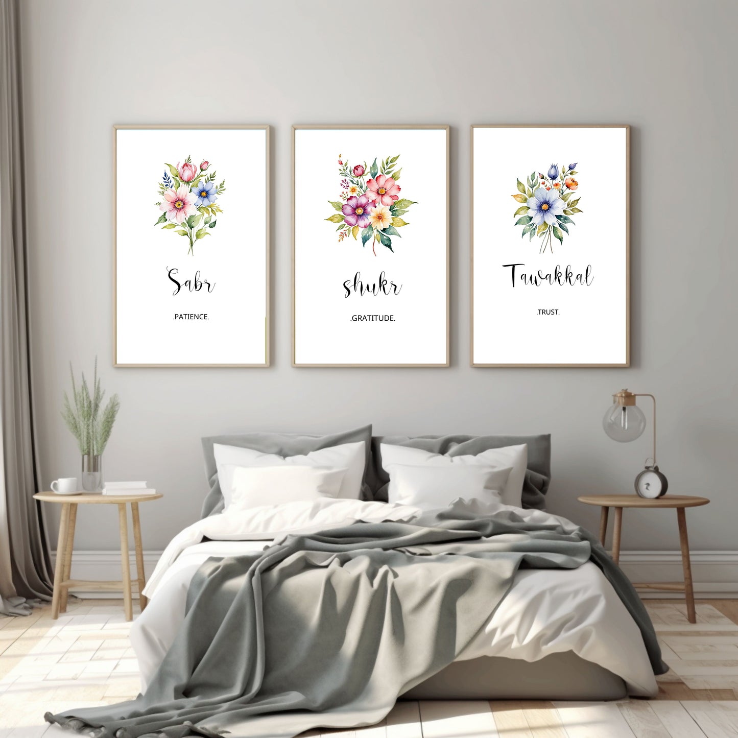 3 piece Sabr Shukr Tawakkal Islamic Floral Wall Art,