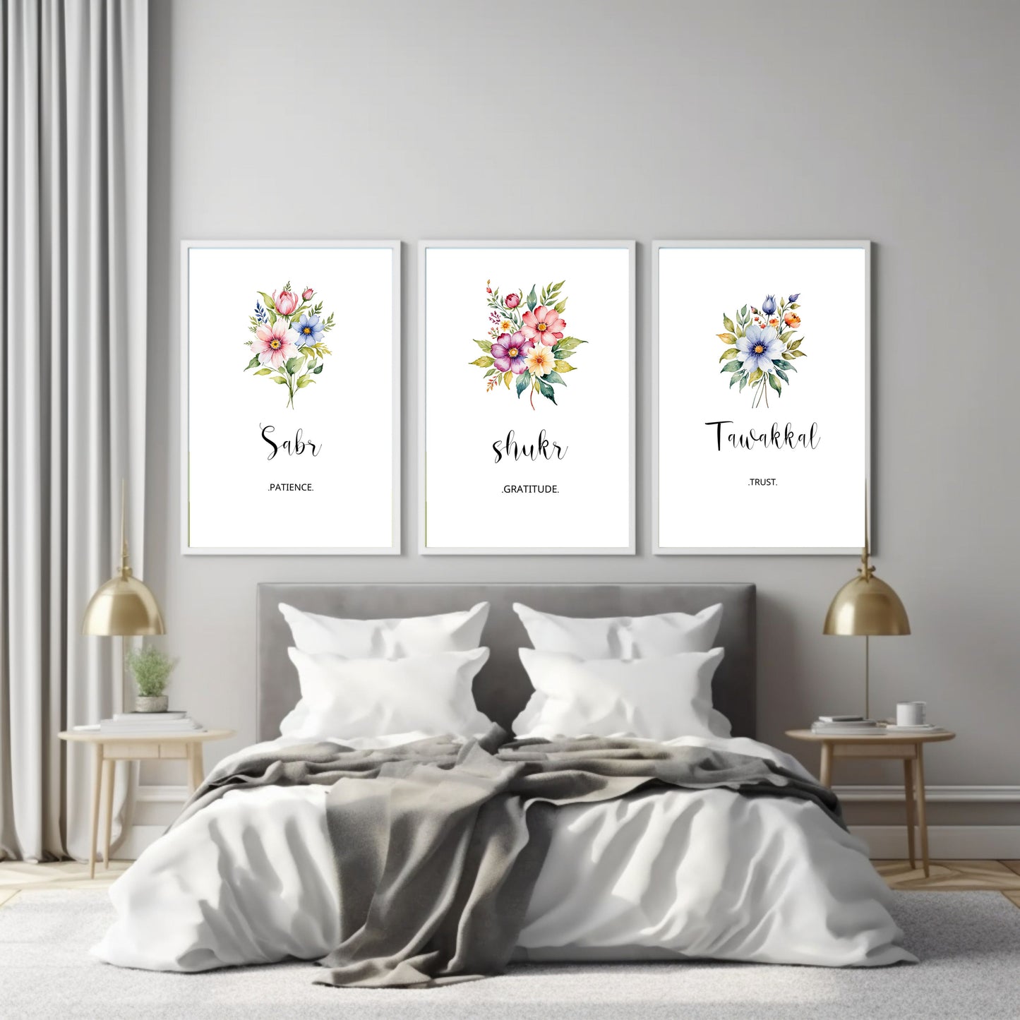 3 piece Sabr Shukr Tawakkal Islamic Floral Wall Art,