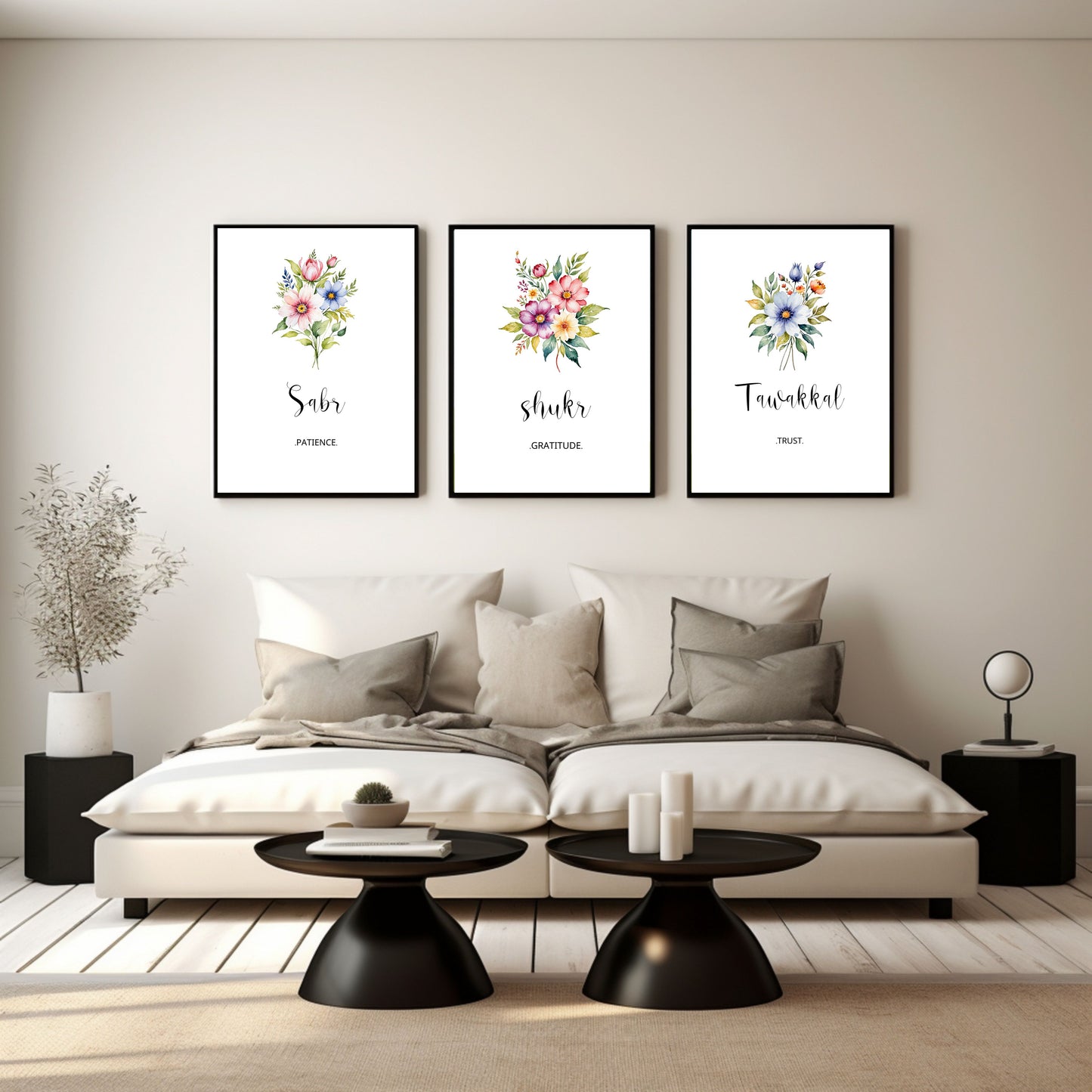 3 piece Sabr Shukr Tawakkal Islamic Floral Wall Art,