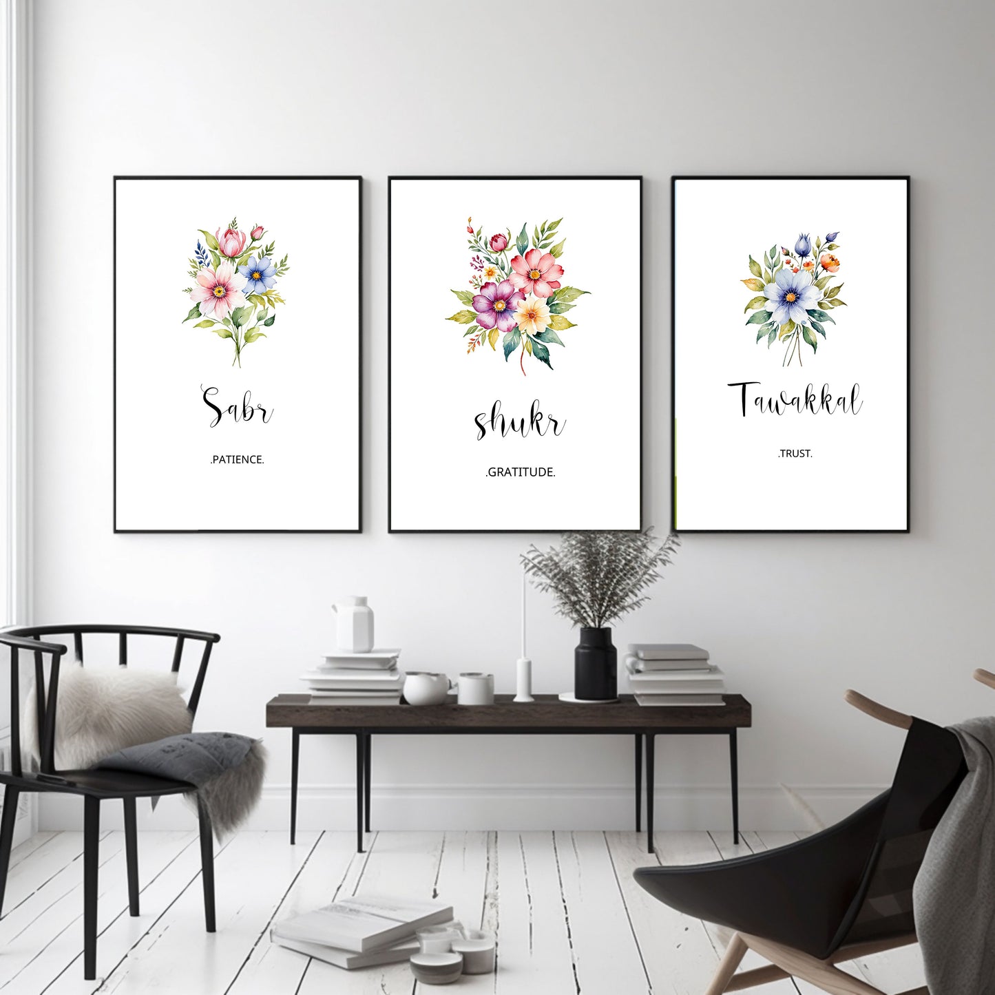 3 piece Sabr Shukr Tawakkal Islamic Floral Wall Art,