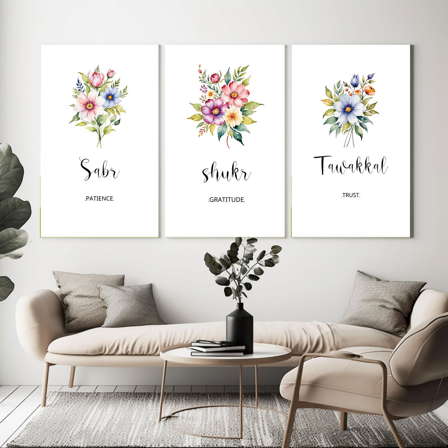 3 piece Sabr Shukr Tawakkal Islamic Floral Wall Art,