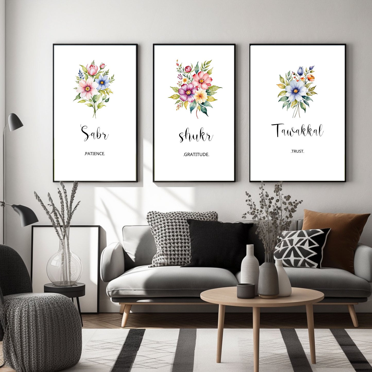 3 piece Sabr Shukr Tawakkal Islamic Floral Wall Art,